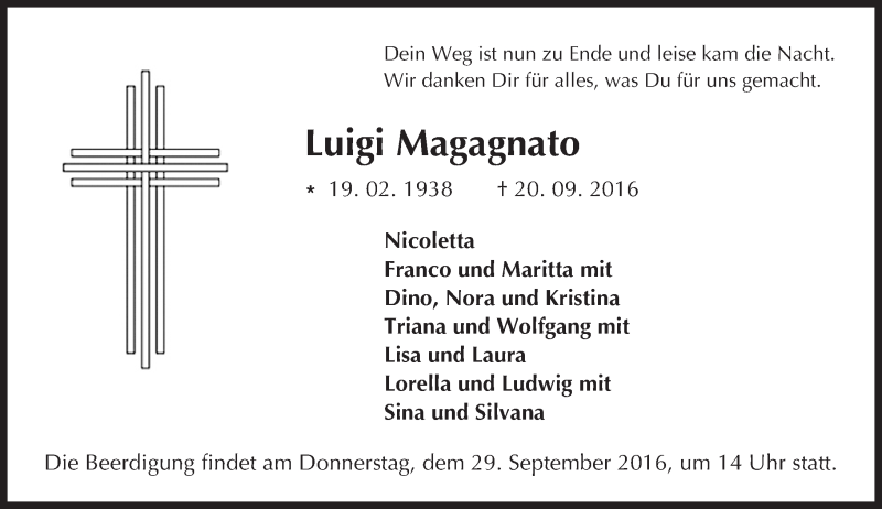  Traueranzeige für Luigi Magagnato vom 24.09.2016 aus Trauerportal Echo Online