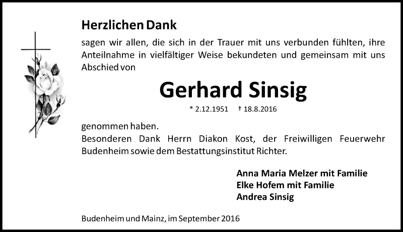  Traueranzeige für Gerhard Sinsig vom 17.09.2016 aus Trauerportal Rhein Main Presse
