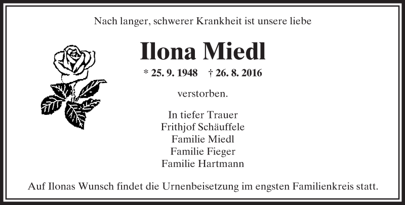  Traueranzeige für Ilona Miedl vom 01.09.2016 aus  Camberger Anzeiger