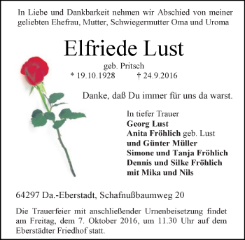Traueranzeige von Elfriede Lust von Trauerportal Echo Online