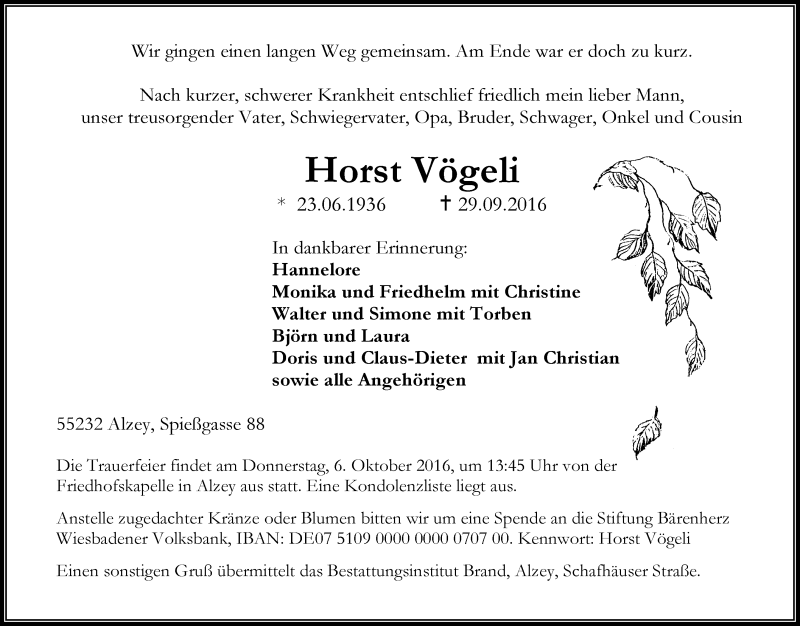  Traueranzeige für Horst Vögeli vom 01.10.2016 aus Trauerportal Rhein Main Presse
