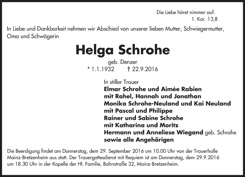  Traueranzeige für Helga Schrohe vom 24.09.2016 aus Trauerportal Rhein Main Presse