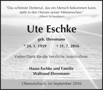 Traueranzeige von Ute Eschke von  Gelnhäuser Tageblatt