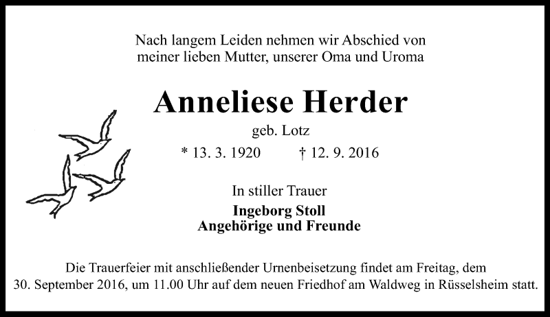  Traueranzeige für Anneliese Herder vom 24.09.2016 aus Trauerportal Rhein Main Presse