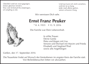 Traueranzeige von Ernst Franz Peuker von  Gießener Anzeiger