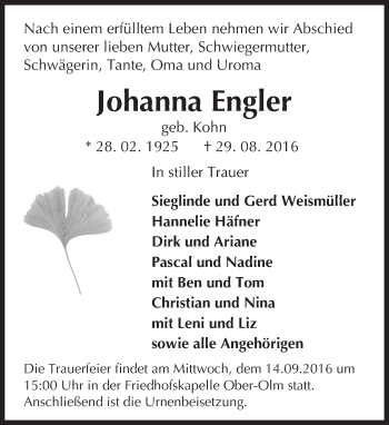 Traueranzeige von Johanna Engler von Trauerportal Rhein Main Presse