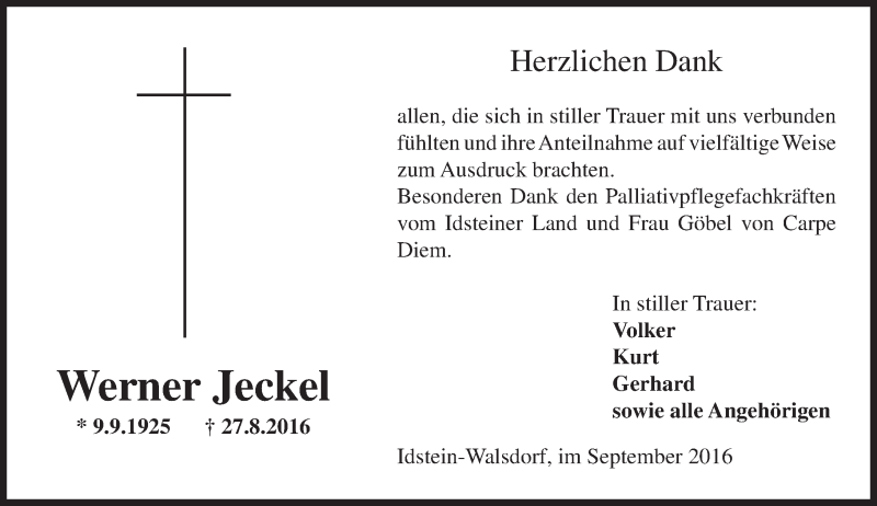  Traueranzeige für Werner Jeckel vom 15.09.2016 aus Trauerportal Rhein Main Presse