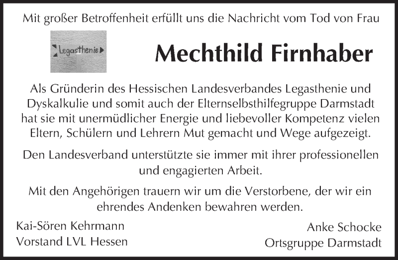  Traueranzeige für Mechthild Firnhaber vom 10.09.2016 aus Trauerportal Echo Online