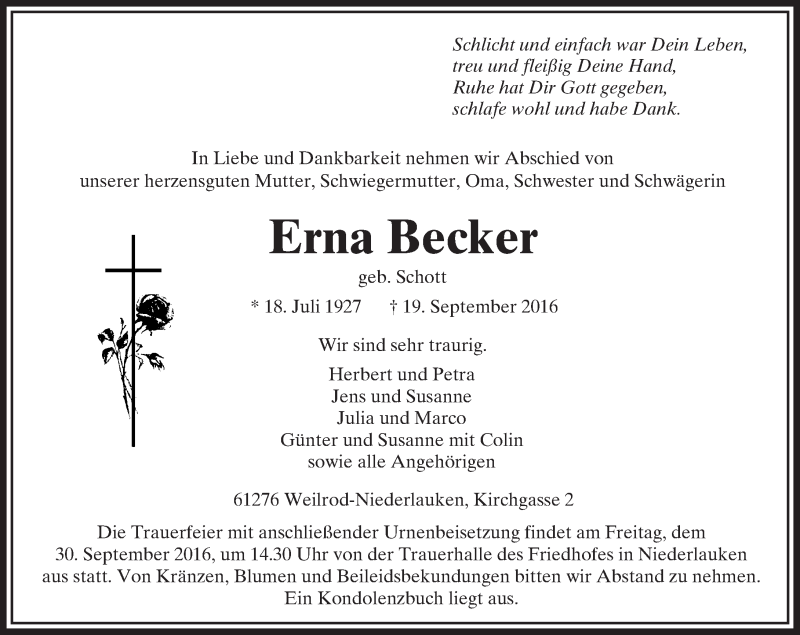  Traueranzeige für Erna Becker vom 24.09.2016 aus  Usinger Anzeiger