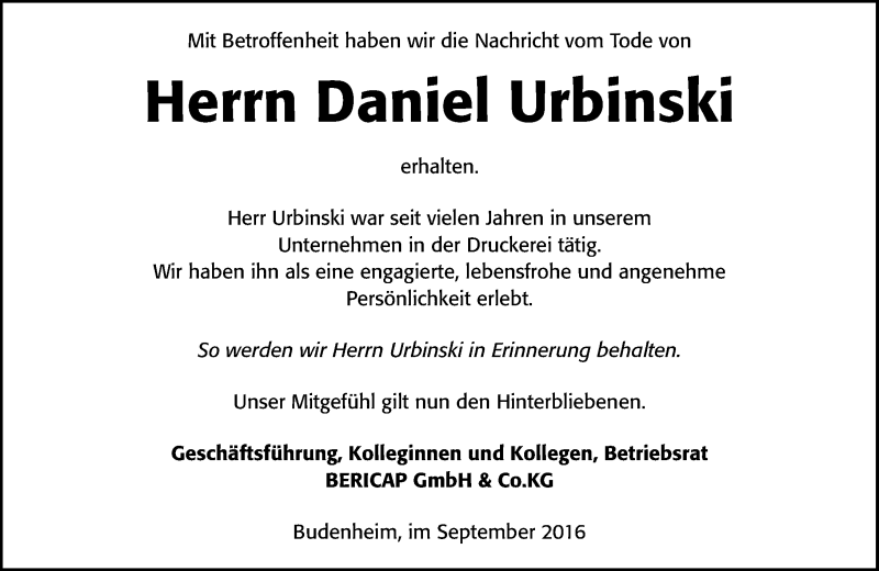  Traueranzeige für Daniel Urbinski vom 21.09.2016 aus Trauerportal Rhein Main Presse