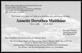 Traueranzeige von Annette Dorothea Matthäus von  Kreisanzeiger