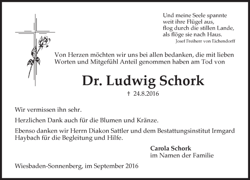  Traueranzeige für Ludwig Schork vom 21.09.2016 aus Trauerportal Rhein Main Presse