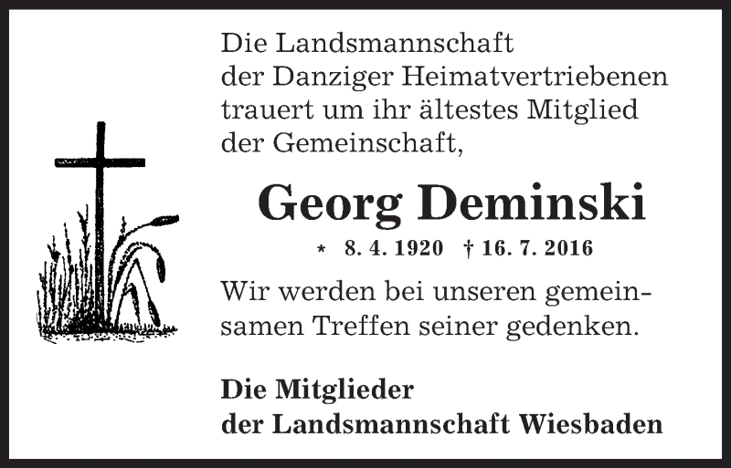 Traueranzeige für Georg Deminski vom 10.09.2016 aus Trauerportal Rhein Main Presse