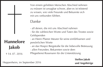 Traueranzeige von Hannelore Jakob von Trauerportal Echo Online