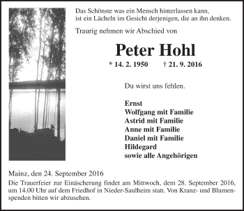 Traueranzeige von Peter Hohl von Trauerportal Rhein Main Presse