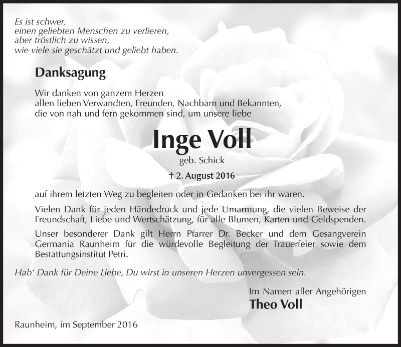  Traueranzeige für Inge Voll vom 03.09.2016 aus Trauerportal Rhein Main Presse