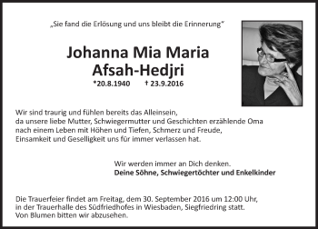 Traueranzeige von Johanna Mia Maria Afsah-Hedjri von Trauerportal Rhein Main Presse