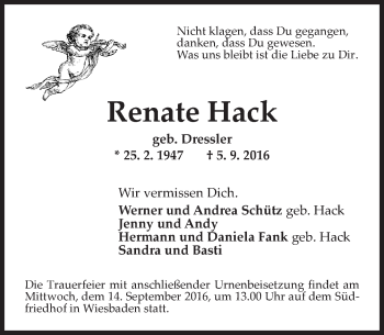 Traueranzeige von Renate Hack von Trauerportal Rhein Main Presse