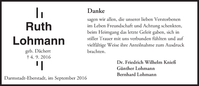  Traueranzeige für Ruth Lohmann vom 24.09.2016 aus Trauerportal Echo Online