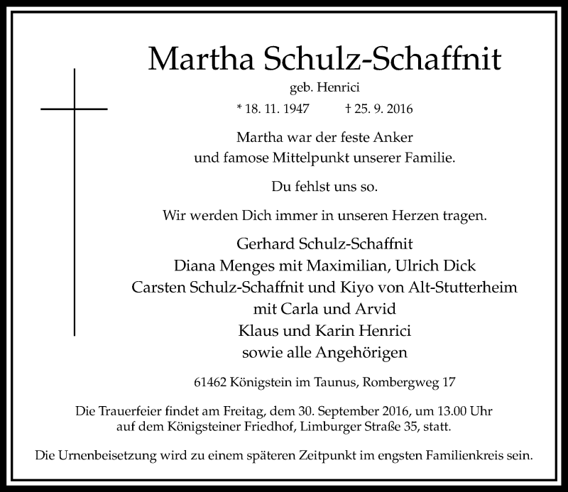  Traueranzeige für Martha Schulz-Schaffnit vom 28.09.2016 aus  Usinger Anzeiger