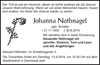 Traueranzeige von Johanna Nothnagel von Trauerportal Echo Online