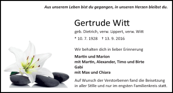 Traueranzeige von Gertrude Witt von Trauerportal Echo Online