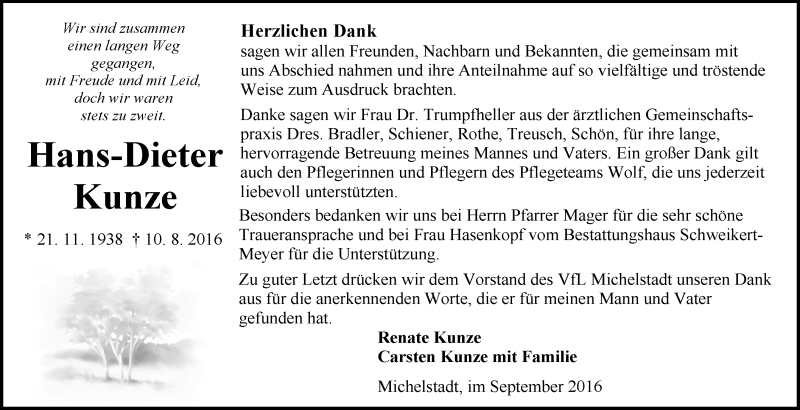  Traueranzeige für Hans-Dieter Kunze vom 10.09.2016 aus Trauerportal Echo Online