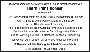 Traueranzeige von Franz Rohner von Trauerportal Echo Online