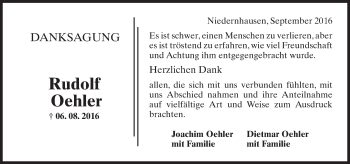 Traueranzeige von Rudolf Oehler von Trauerportal Rhein Main Presse