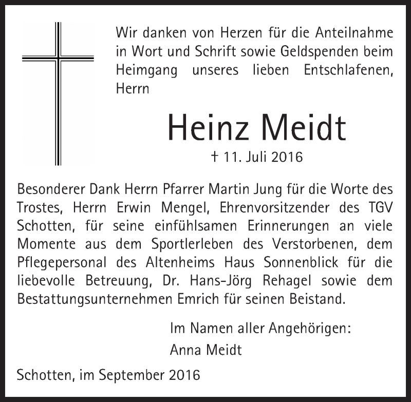  Traueranzeige für Heinz Meidt vom 10.09.2016 aus  Kreisanzeiger
