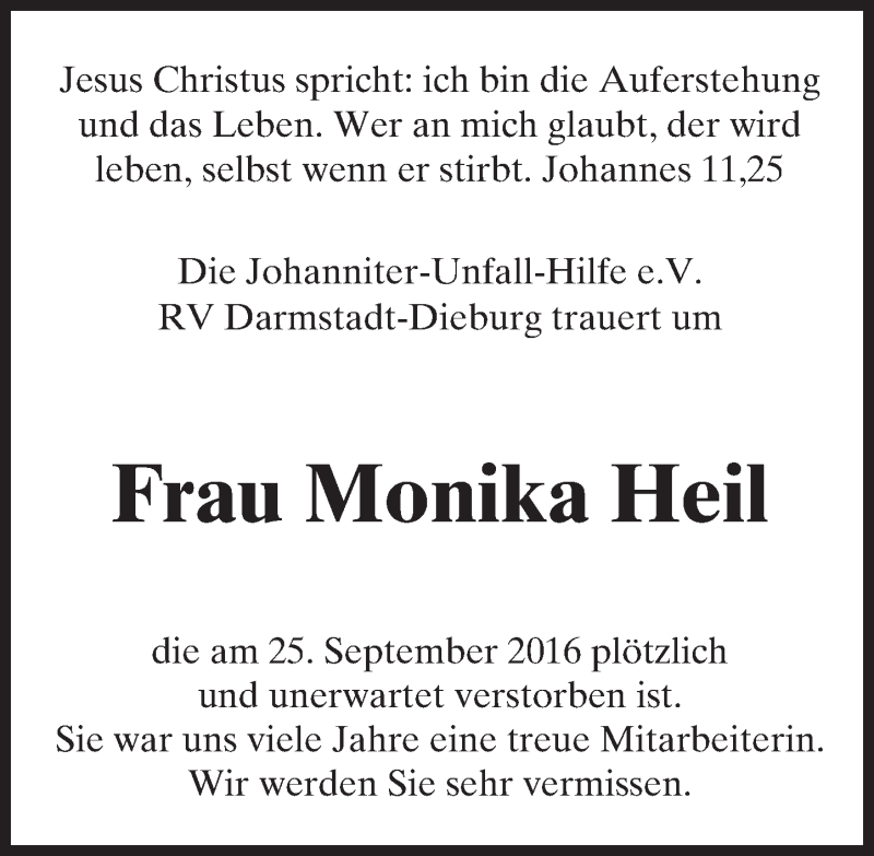  Traueranzeige für Monika Heil vom 01.10.2016 aus Trauerportal Echo Online