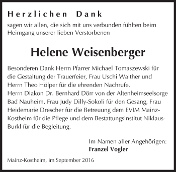 Traueranzeige von Helene Weisenberger von Trauerportal Rhein Main Presse