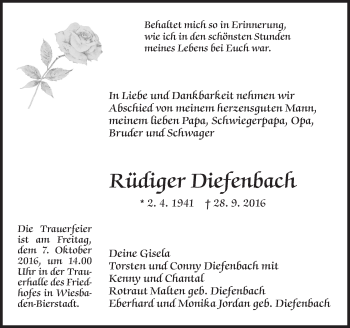 Traueranzeige von Rüdiger Diefenbach von Trauerportal Rhein Main Presse