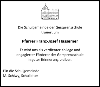 Traueranzeige von Franz-Josef Hassemer von Trauerportal Echo Online