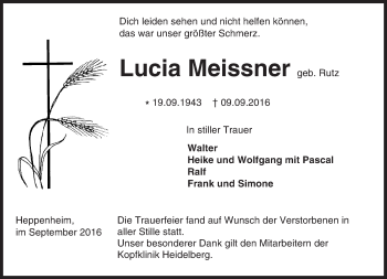 Traueranzeige von Lucia Meissner von Trauerportal Echo Online