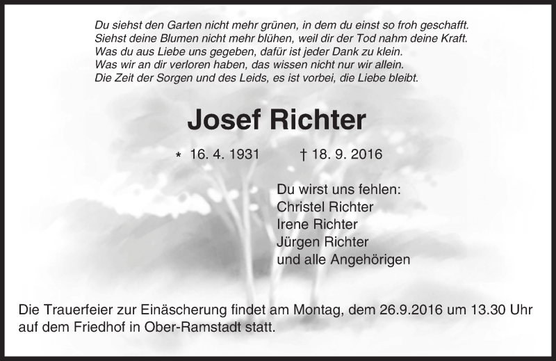  Traueranzeige für Josef Richter vom 24.09.2016 aus Trauerportal Echo Online