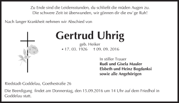 Traueranzeige von Gertrud Uhrig von Trauerportal Echo Online