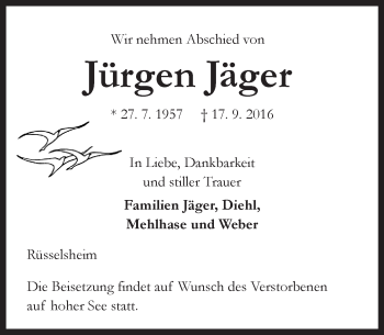 Traueranzeige von Jürgen Jäger von Trauerportal Rhein Main Presse