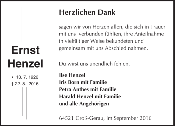 Traueranzeige von Ernst Henzel von Trauerportal Echo Online