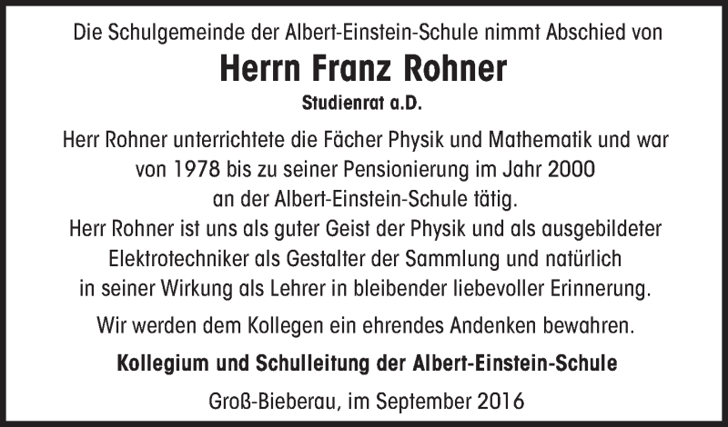  Traueranzeige für Franz Rohner vom 10.09.2016 aus Trauerportal Echo Online