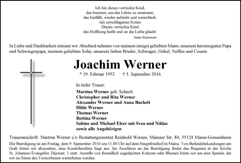  Traueranzeige für Joachim Werner vom 08.09.2016 aus Trauerportal Rhein Main Presse