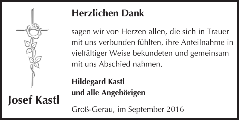  Traueranzeige für Josef Kastl vom 17.09.2016 aus Trauerportal Echo Online