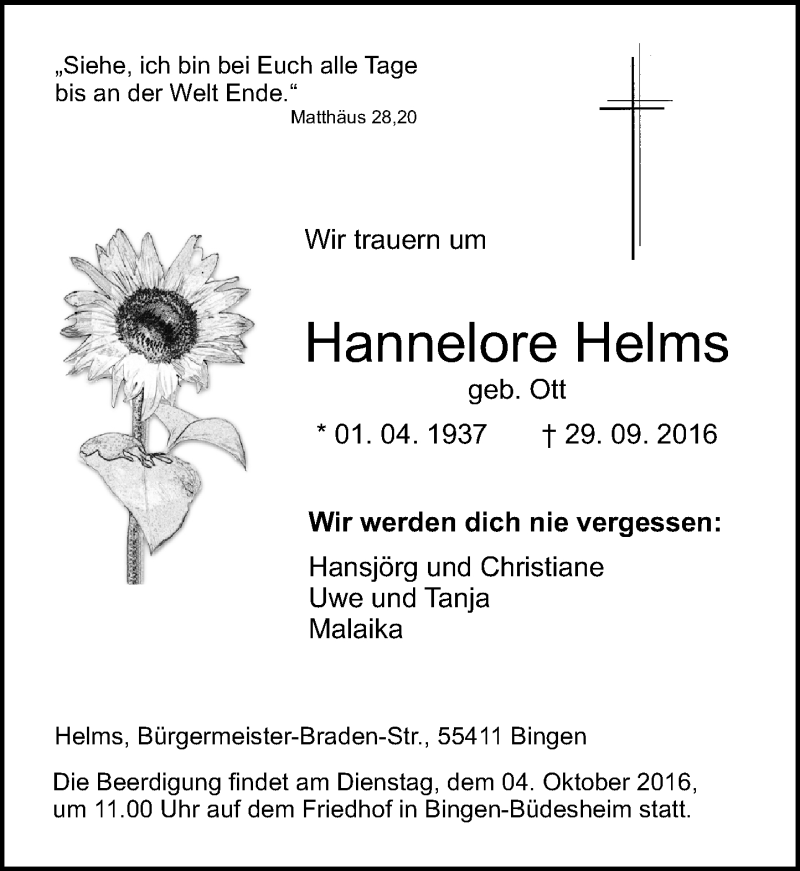  Traueranzeige für Hannelore Helms vom 01.10.2016 aus Trauerportal Rhein Main Presse