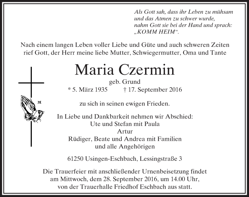  Traueranzeige für Maria Czermin vom 23.09.2016 aus  Usinger Anzeiger