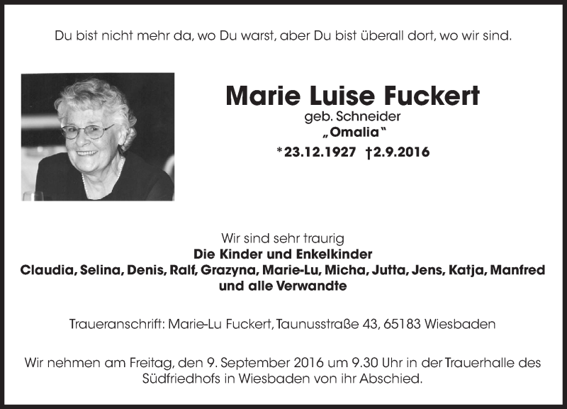  Traueranzeige für Marie Luise Fuckert vom 07.09.2016 aus Trauerportal Rhein Main Presse