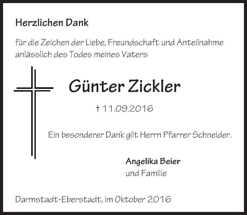  Traueranzeige für Günter Zickler vom 01.10.2016 aus Trauerportal Echo Online