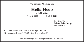 Traueranzeige von Hella Heep von Trauerportal Rhein Main Presse