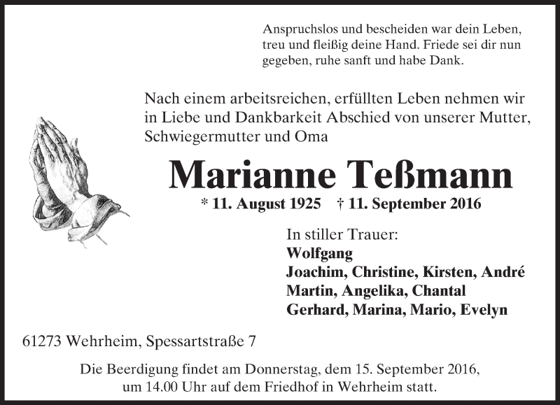  Traueranzeige für Marianne Teßmann vom 13.09.2016 aus  Usinger Anzeiger