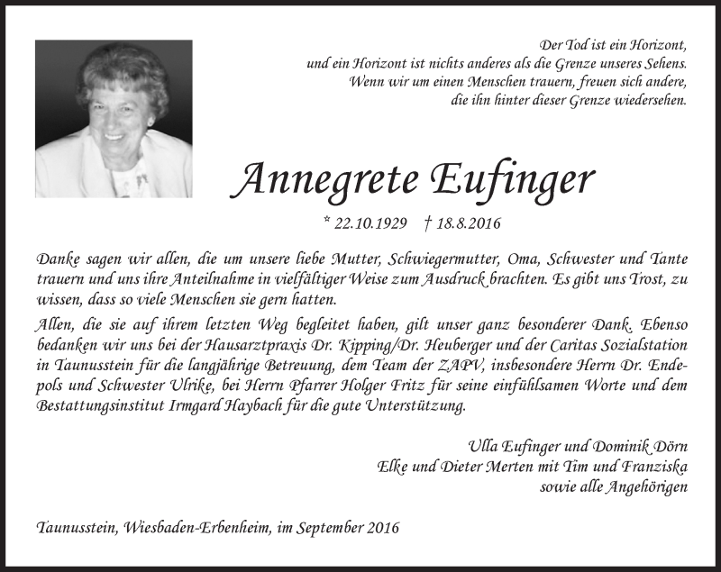  Traueranzeige für Annegrete Eufinger vom 17.09.2016 aus Trauerportal Rhein Main Presse