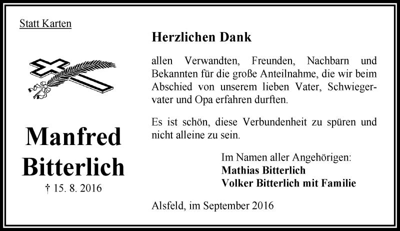  Traueranzeige für Manfred Bitterlich vom 24.09.2016 aus VRM Trauer
